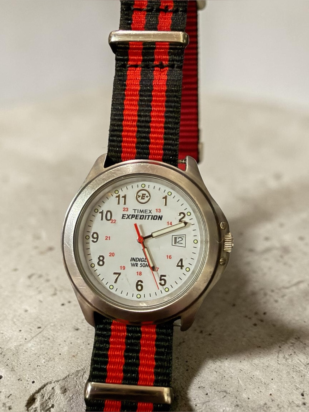 Timex Expedition White Dial Watch with Red and Black NATO Strap WR50M